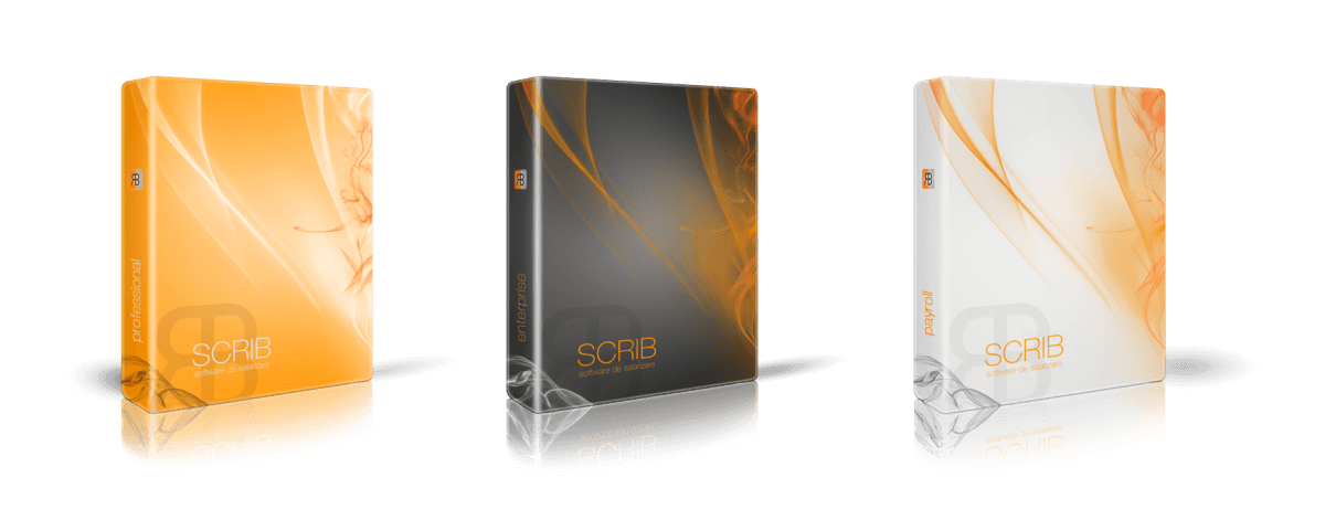 SCRIB – disponibil în 3 ediții pentru nevoi diferite Cutii de produs SCRIB – edițiile Professional, Enterprise și Payroll ale aplicației desktop pentru HR și salarizare